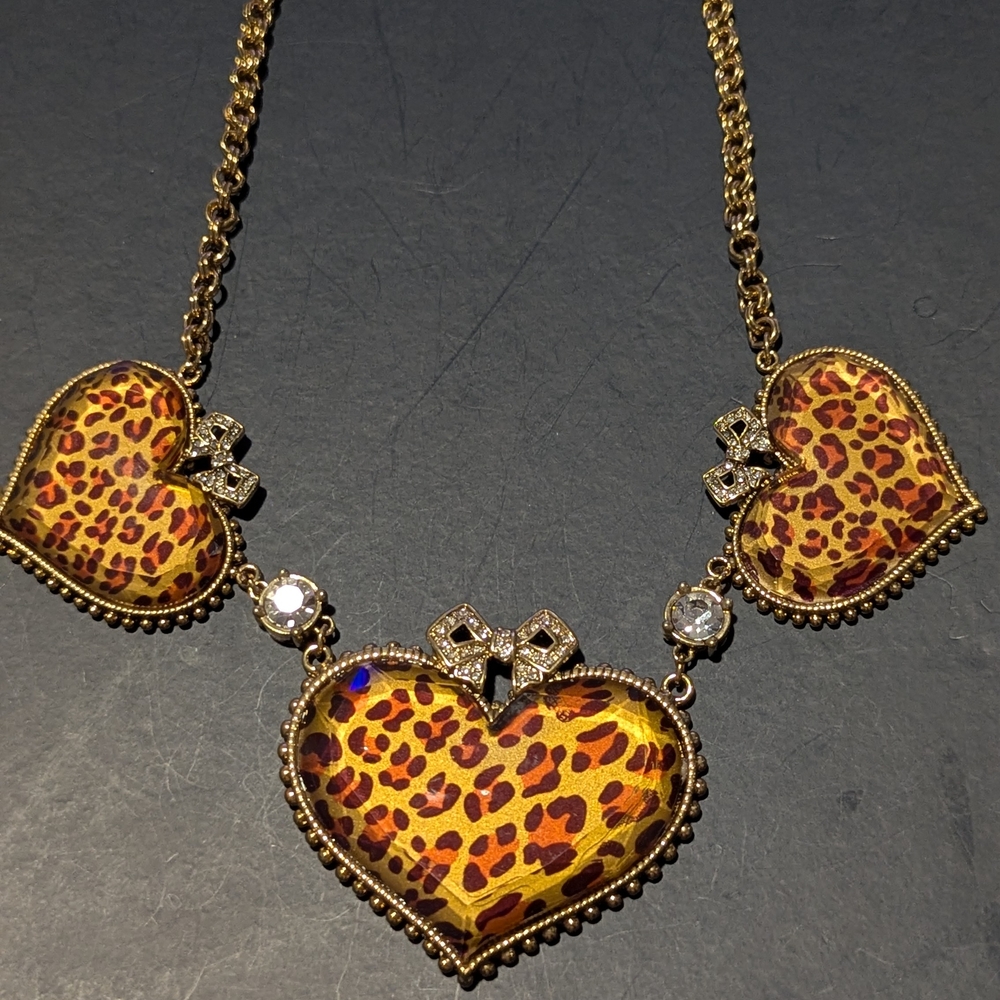 Betsey Johnson Leopard Heart Necklace with Crystal Accents
